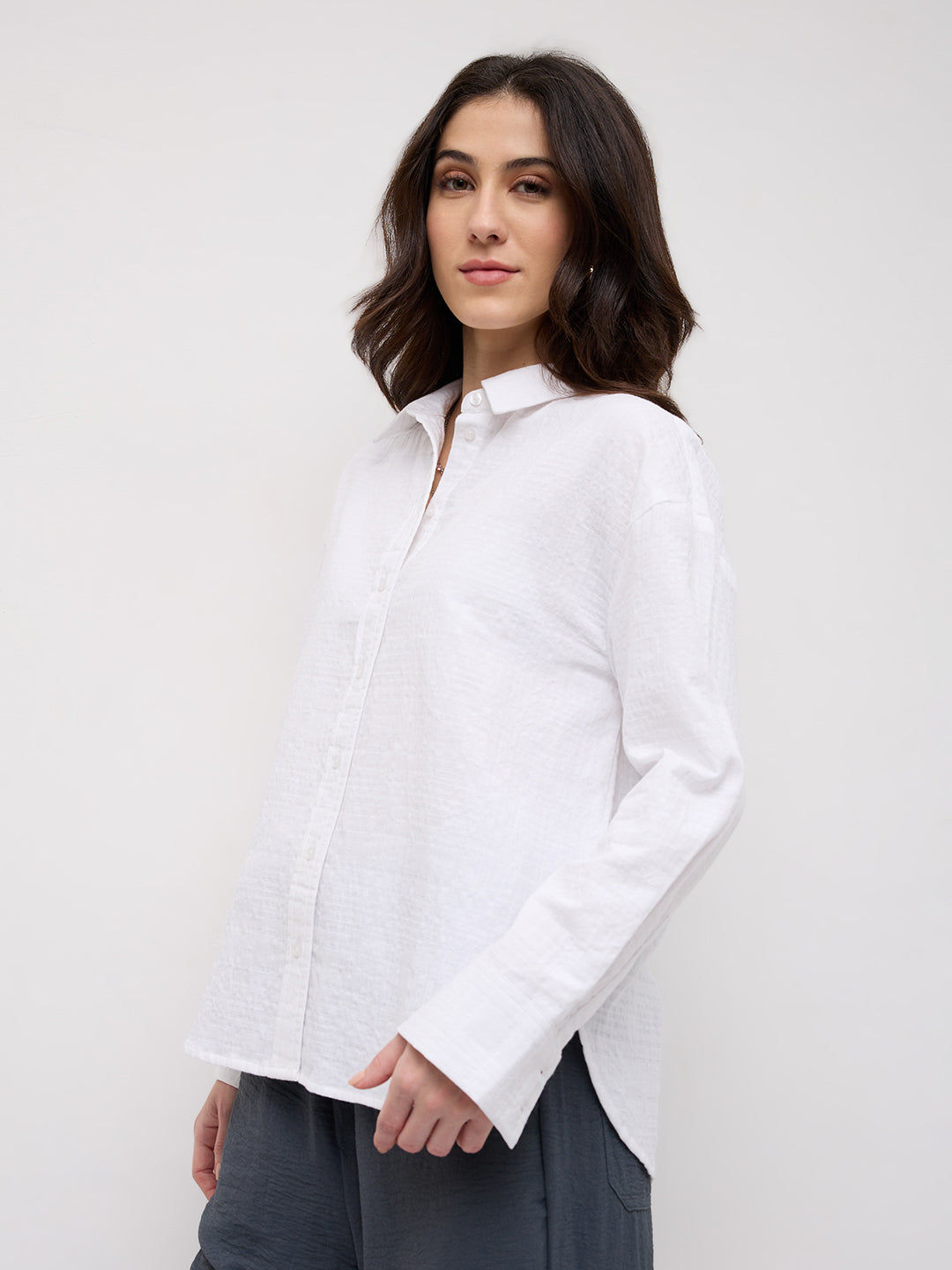 Snow White Block Embossed Textured Oversized Shirt
