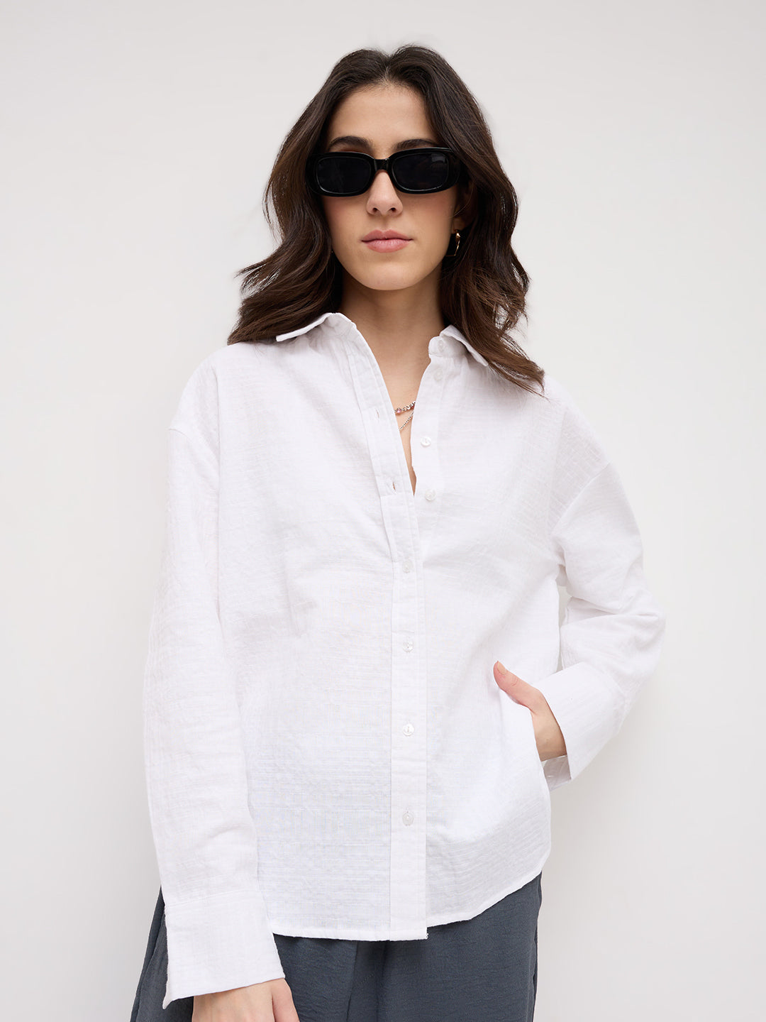 Snow White Block Embossed Textured Oversized Shirt