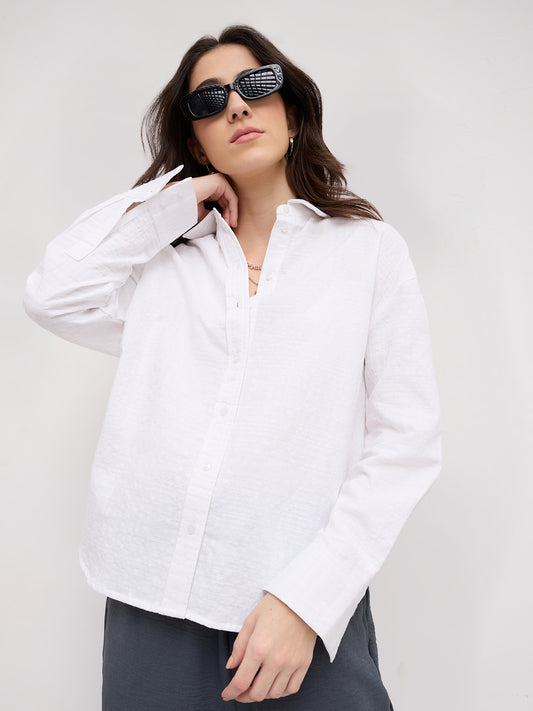 Snow White Block Embossed Textured Oversized Shirt