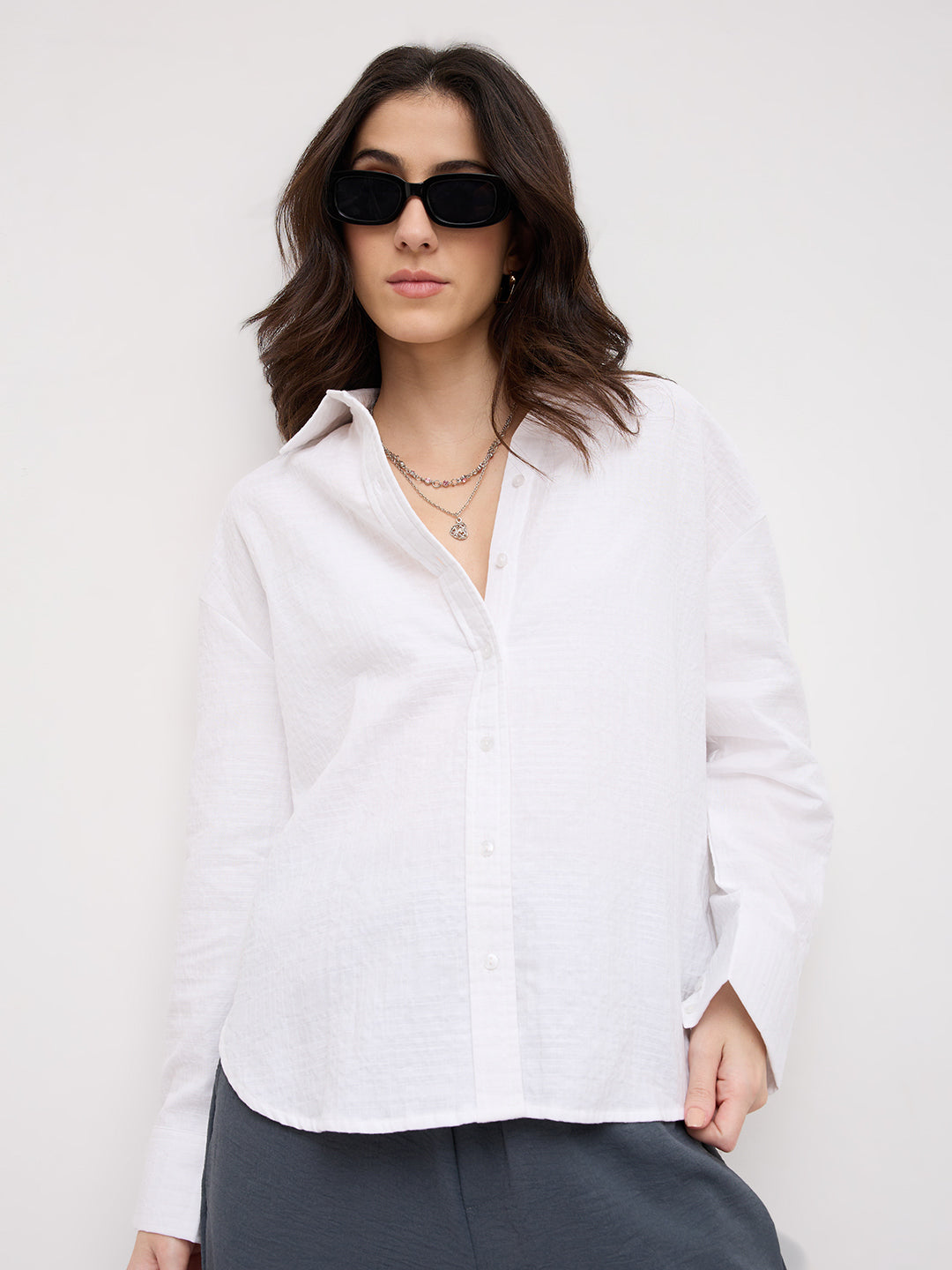 Snow White Block Embossed Textured Oversized Shirt