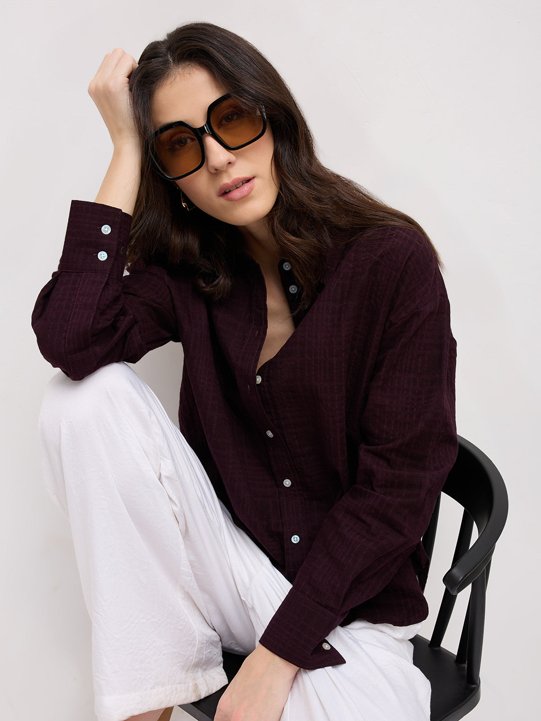 Classy Wine Block Embossed Textured Oversized Shirt