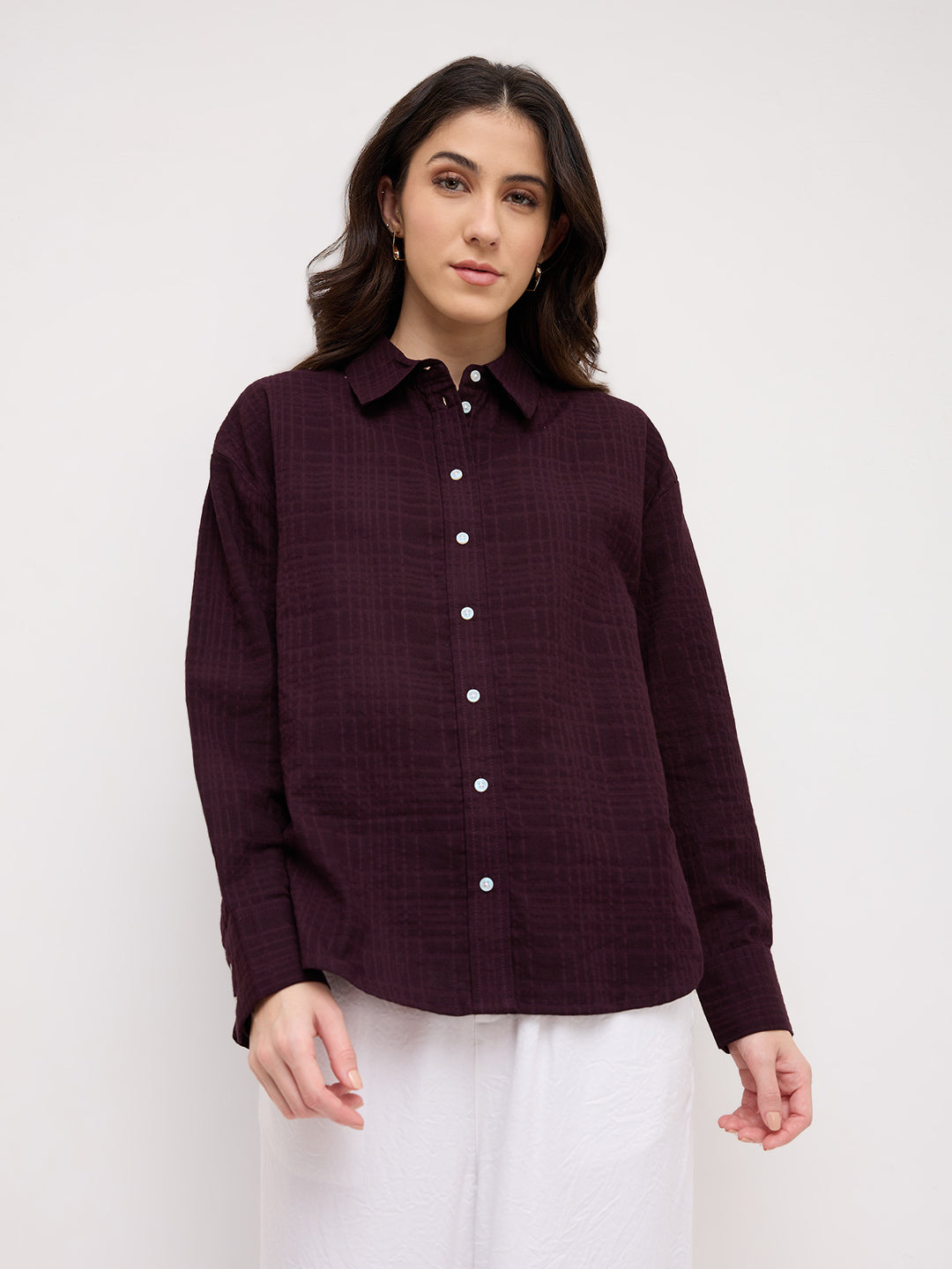 Classy Wine Block Embossed Textured Oversized Shirt