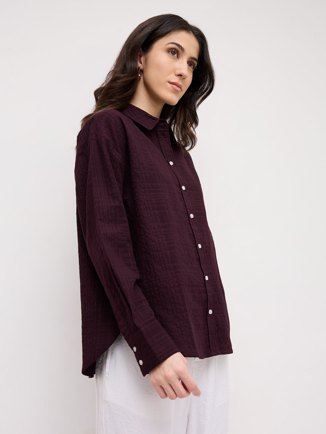 Classy Wine Block Embossed Textured Oversized Shirt