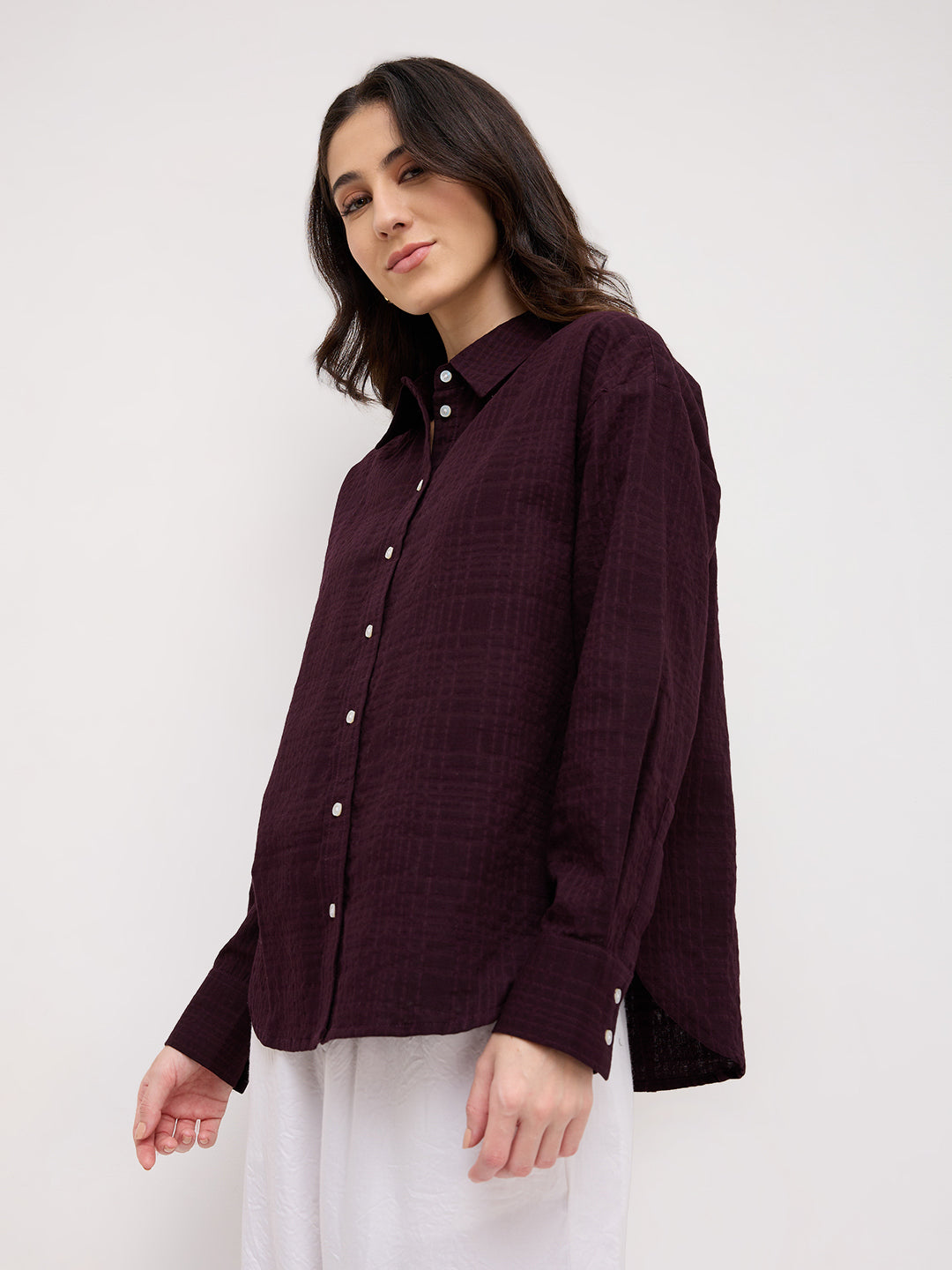 Classy Wine Block Embossed Textured Oversized Shirt