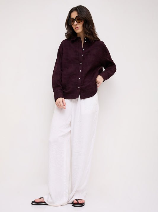 Classy Wine Block Embossed Textured Oversized Shirt