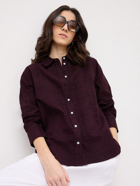 Classy Wine Block Embossed Textured Oversized Shirt