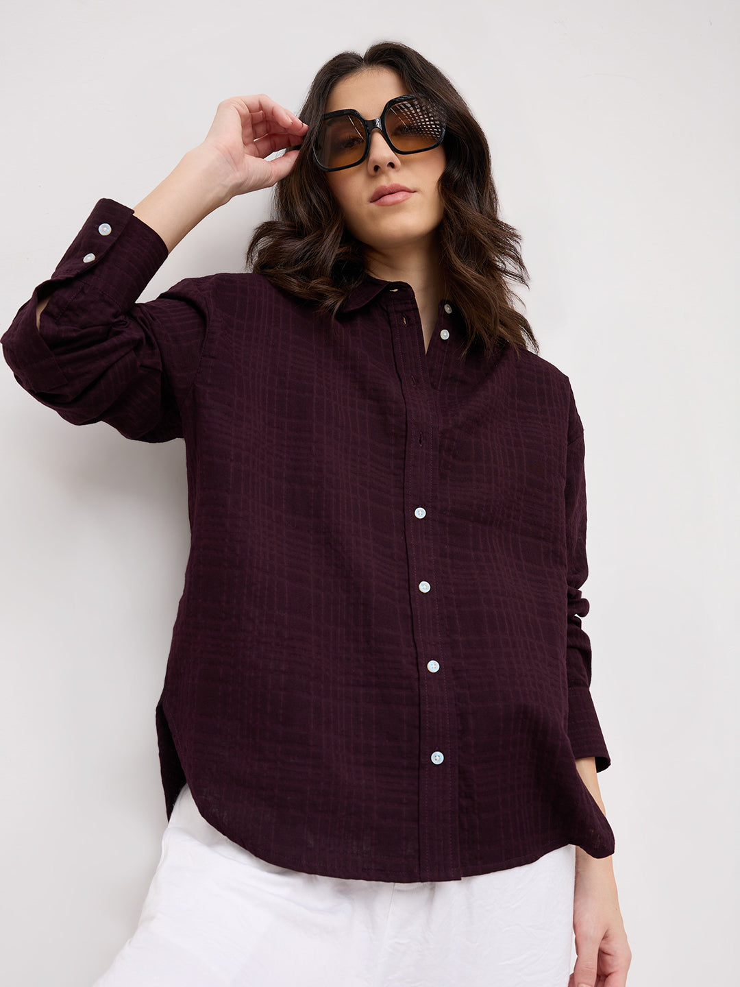 Classy Wine Block Embossed Textured Oversized Shirt