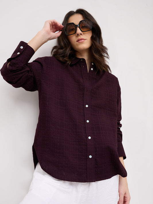 Classy Wine Block Embossed Textured Oversized Shirt