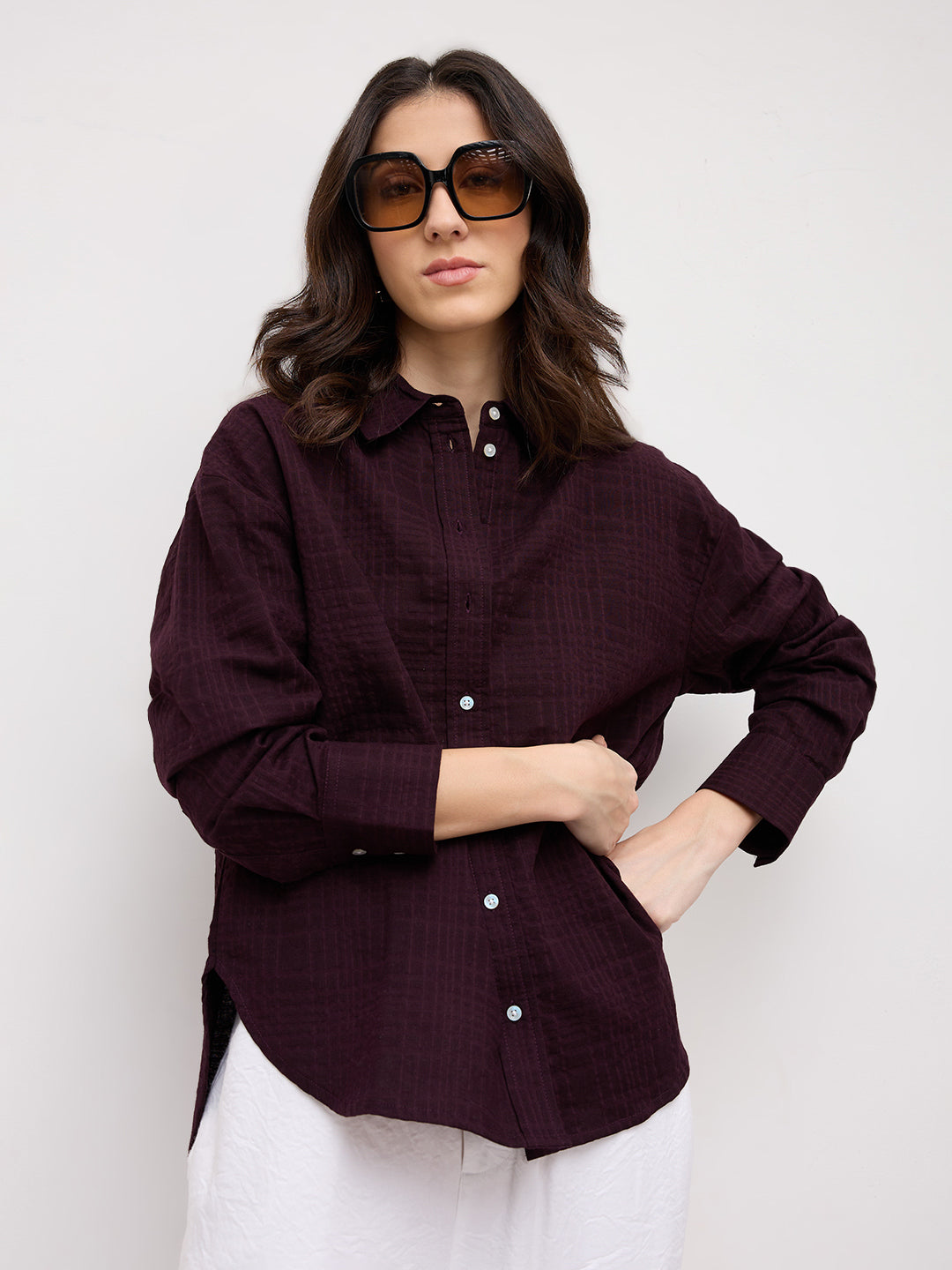 Classy Wine Block Embossed Textured Oversized Shirt