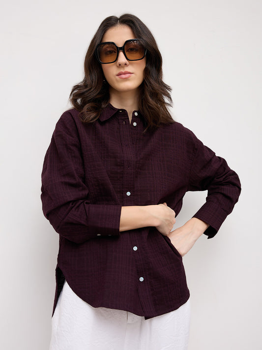 Classy Wine Block Embossed Textured Oversized Shirt