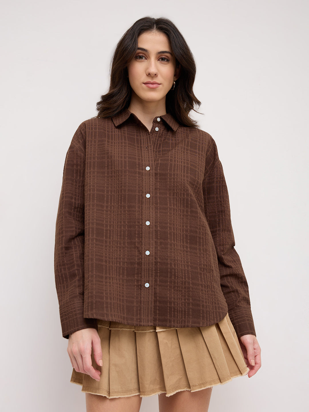Chocolate Brown Block Embossed Textured Oversized Shirt