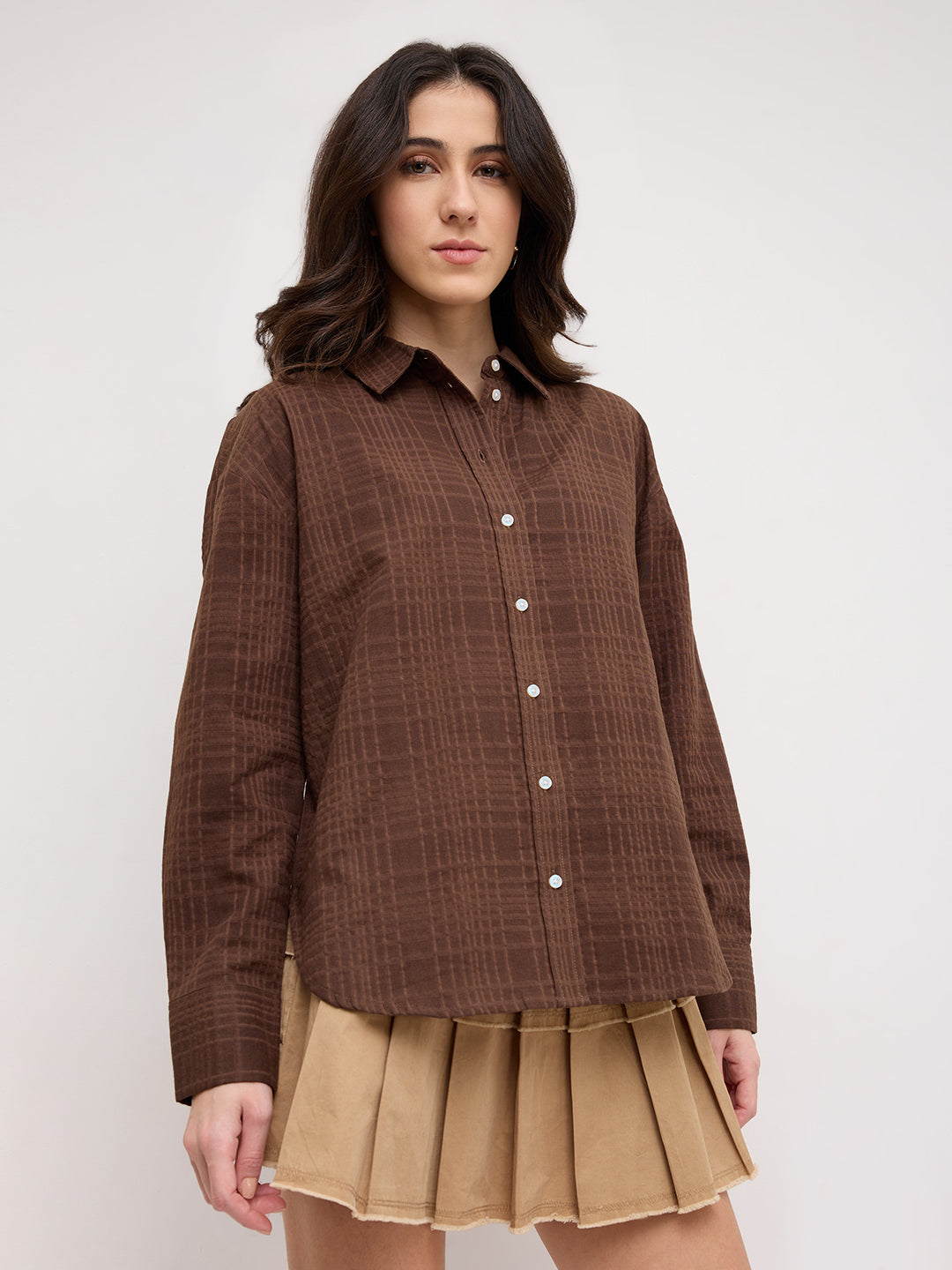 Chocolate Brown Block Embossed Textured Oversized Shirt