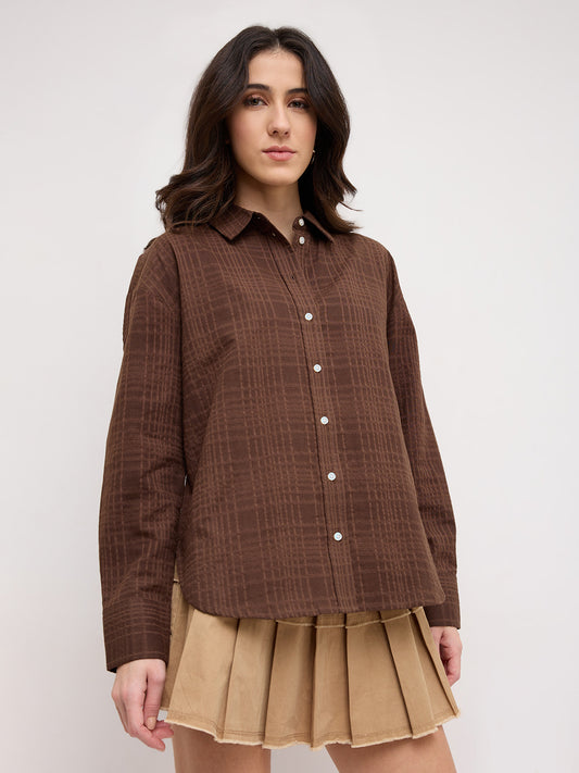 Chocolate Brown Block Embossed Textured Oversized Shirt