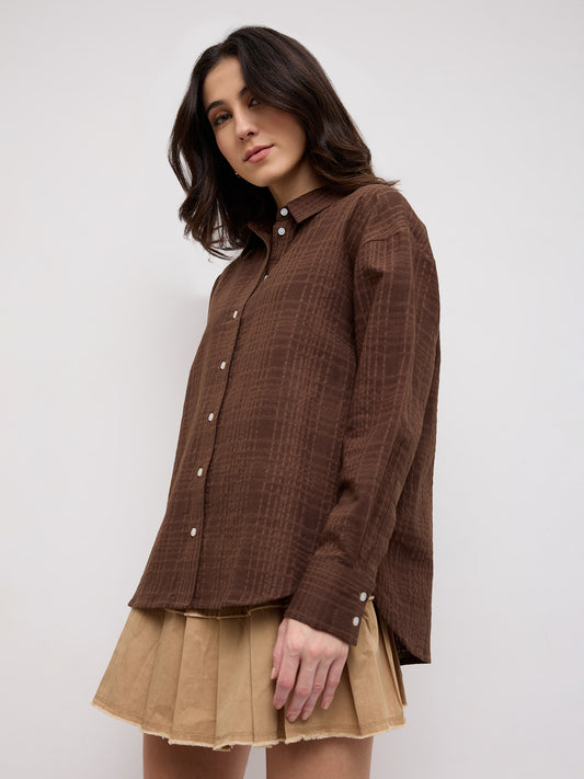 Chocolate Brown Block Embossed Textured Oversized Shirt