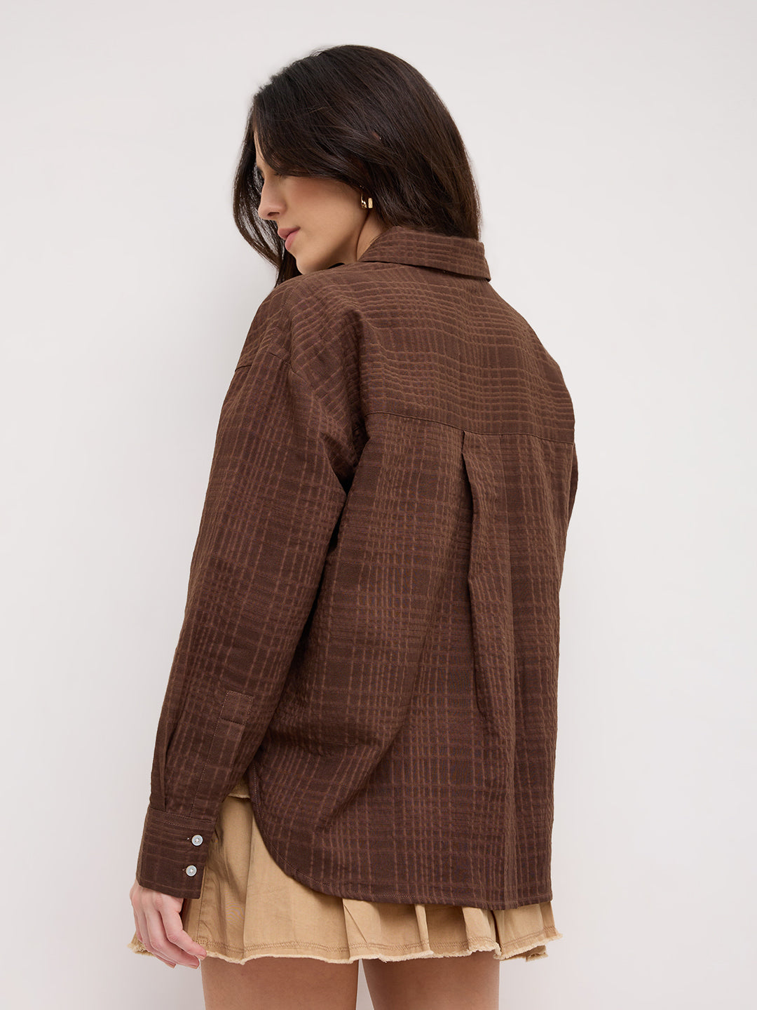 Chocolate Brown Block Embossed Textured Oversized Shirt