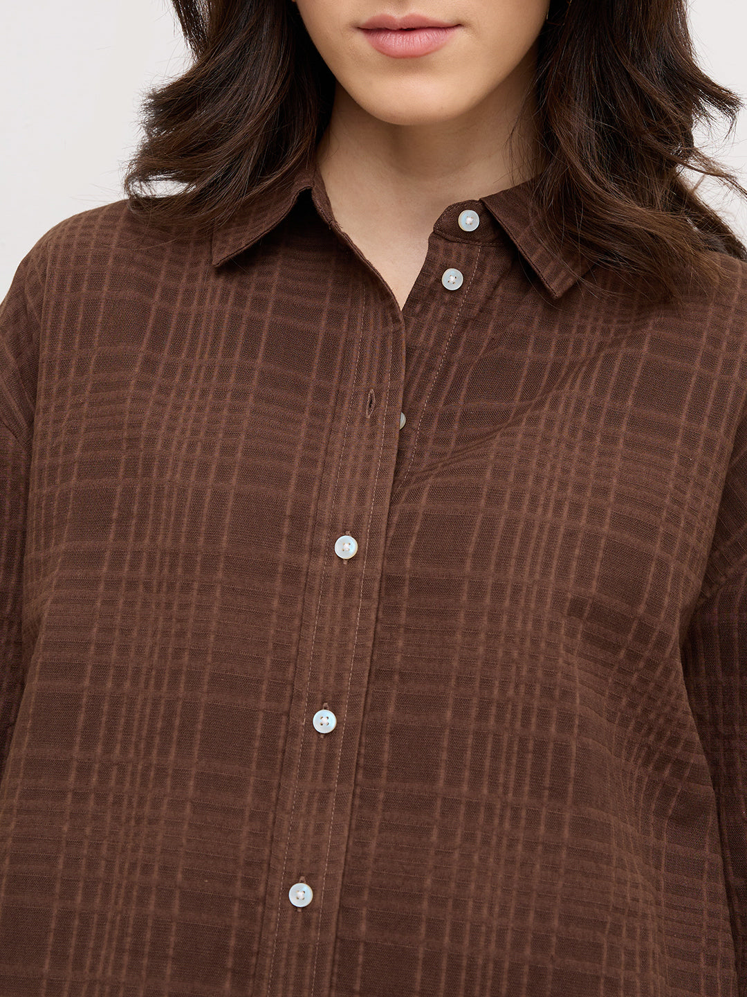 Chocolate Brown Block Embossed Textured Oversized Shirt