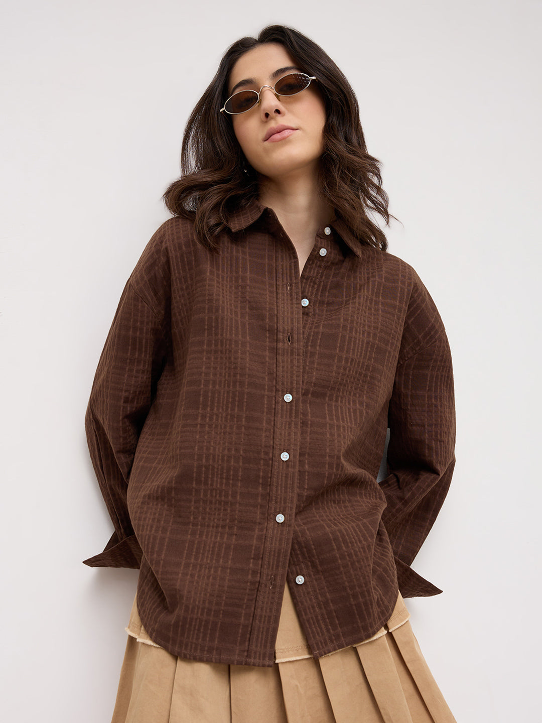 Chocolate Brown Block Embossed Textured Oversized Shirt