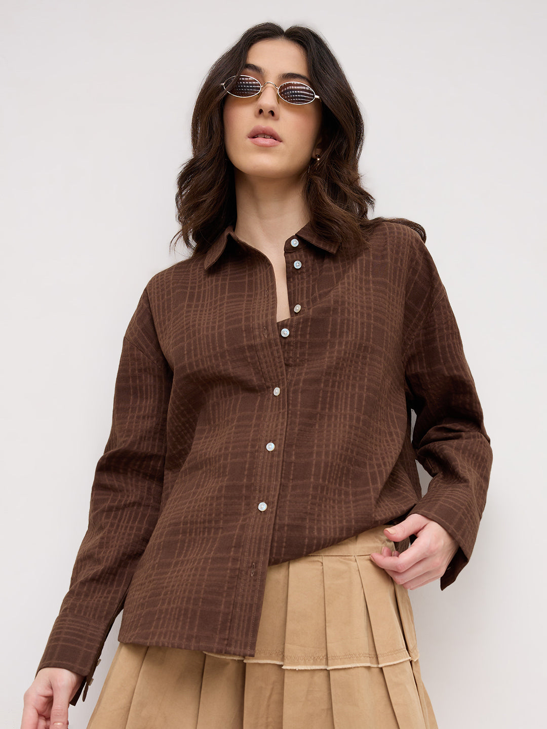 Chocolate Brown Block Embossed Textured Oversized Shirt