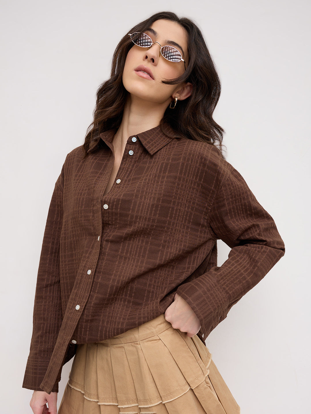 Chocolate Brown Block Embossed Textured Oversized Shirt