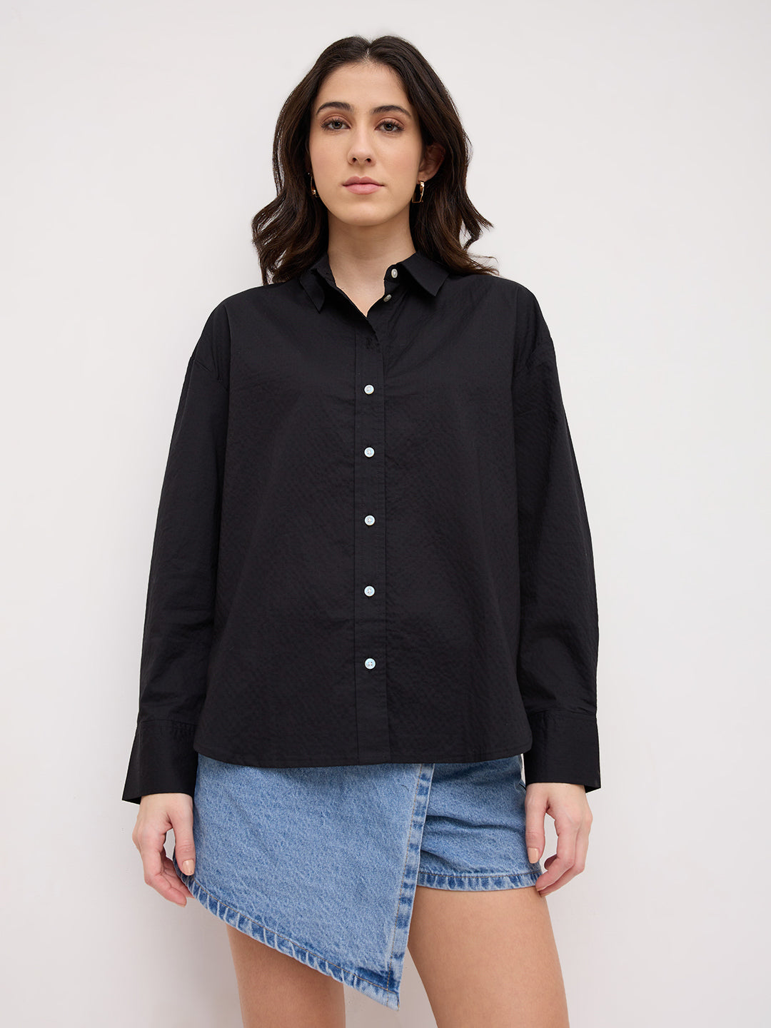 Jet Black Textured Oversized Shirt