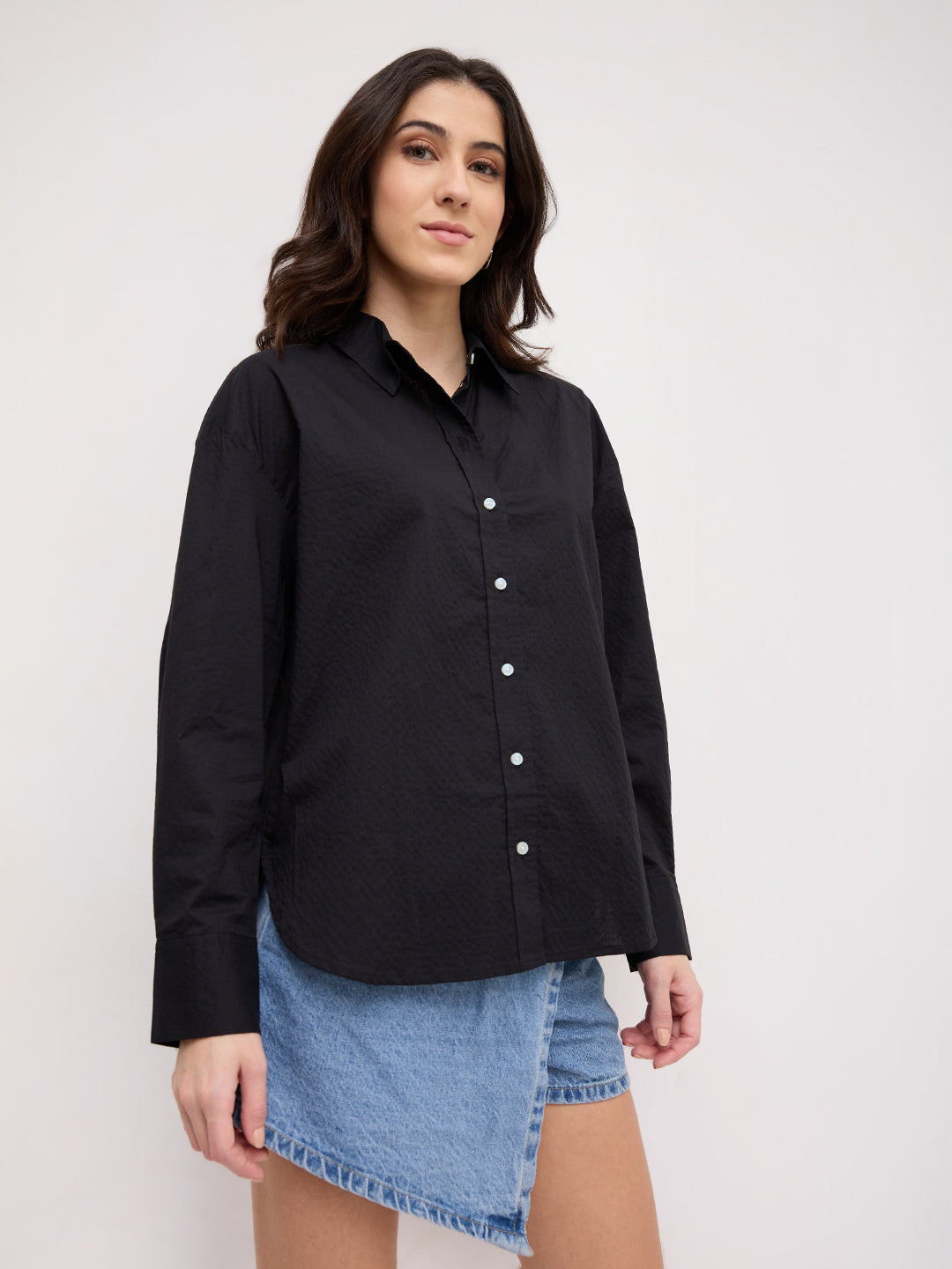 Jet Black Textured Oversized Shirt