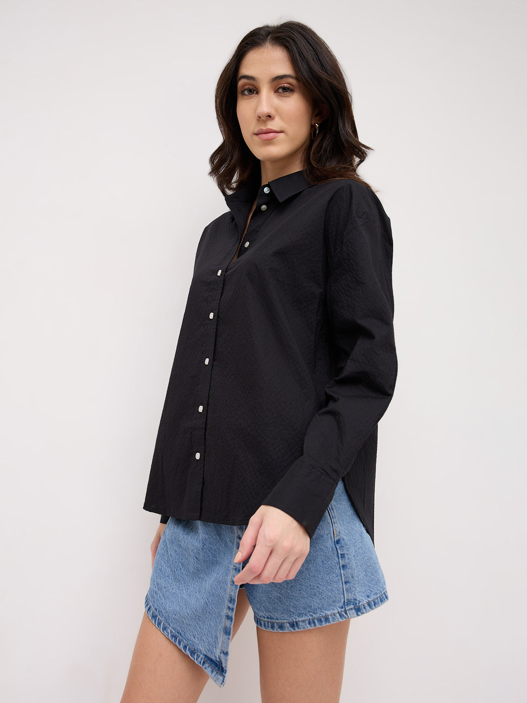 Jet Black Textured Oversized Shirt
