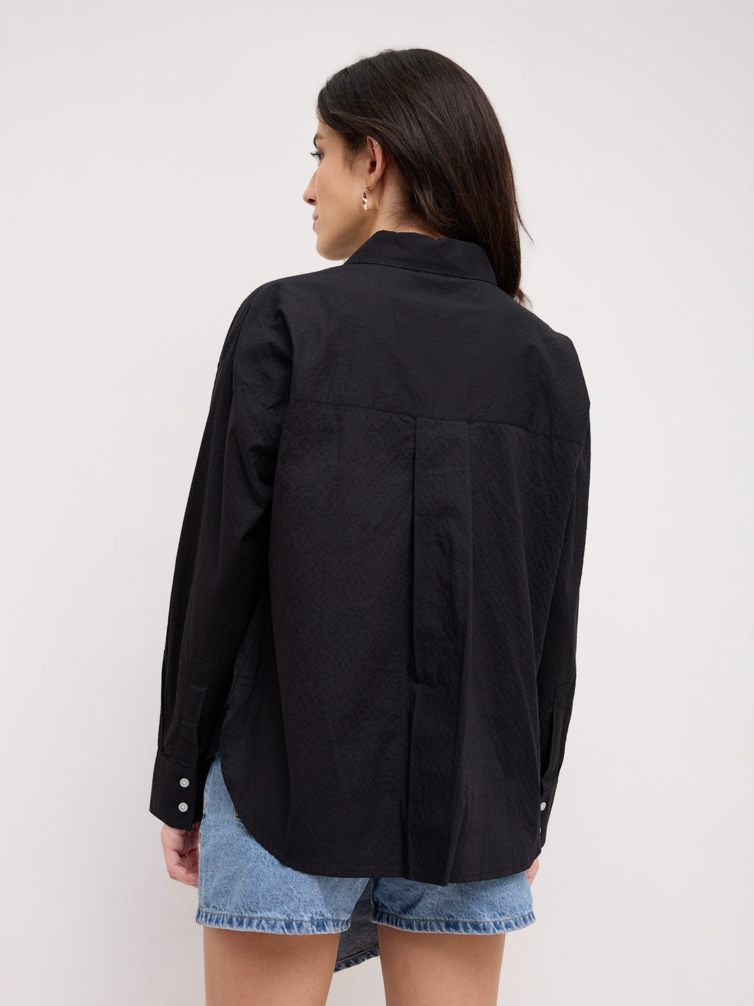 Jet Black Textured Oversized Shirt
