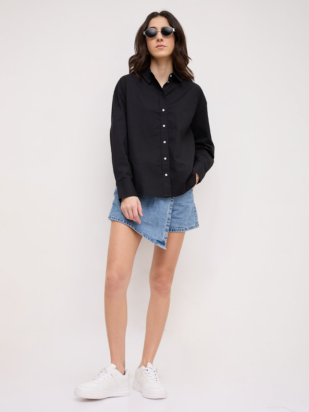 Jet Black Textured Oversized Shirt