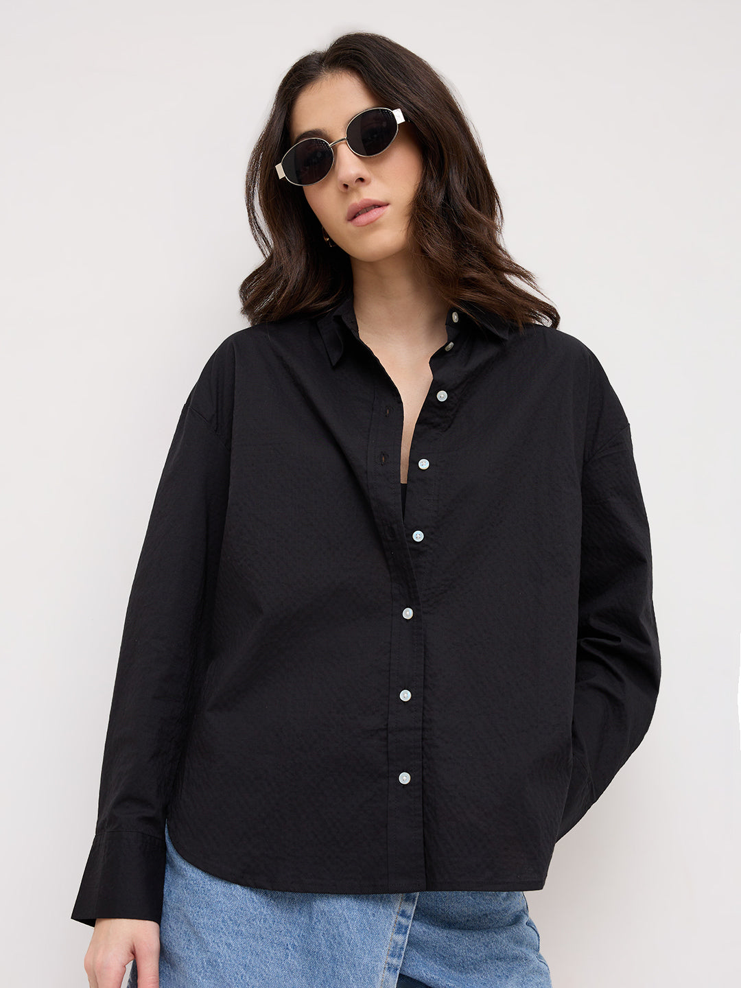 Jet Black Textured Oversized Shirt