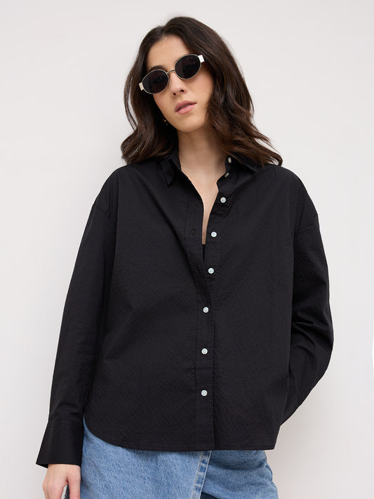 Jet Black Textured Oversized Shirt