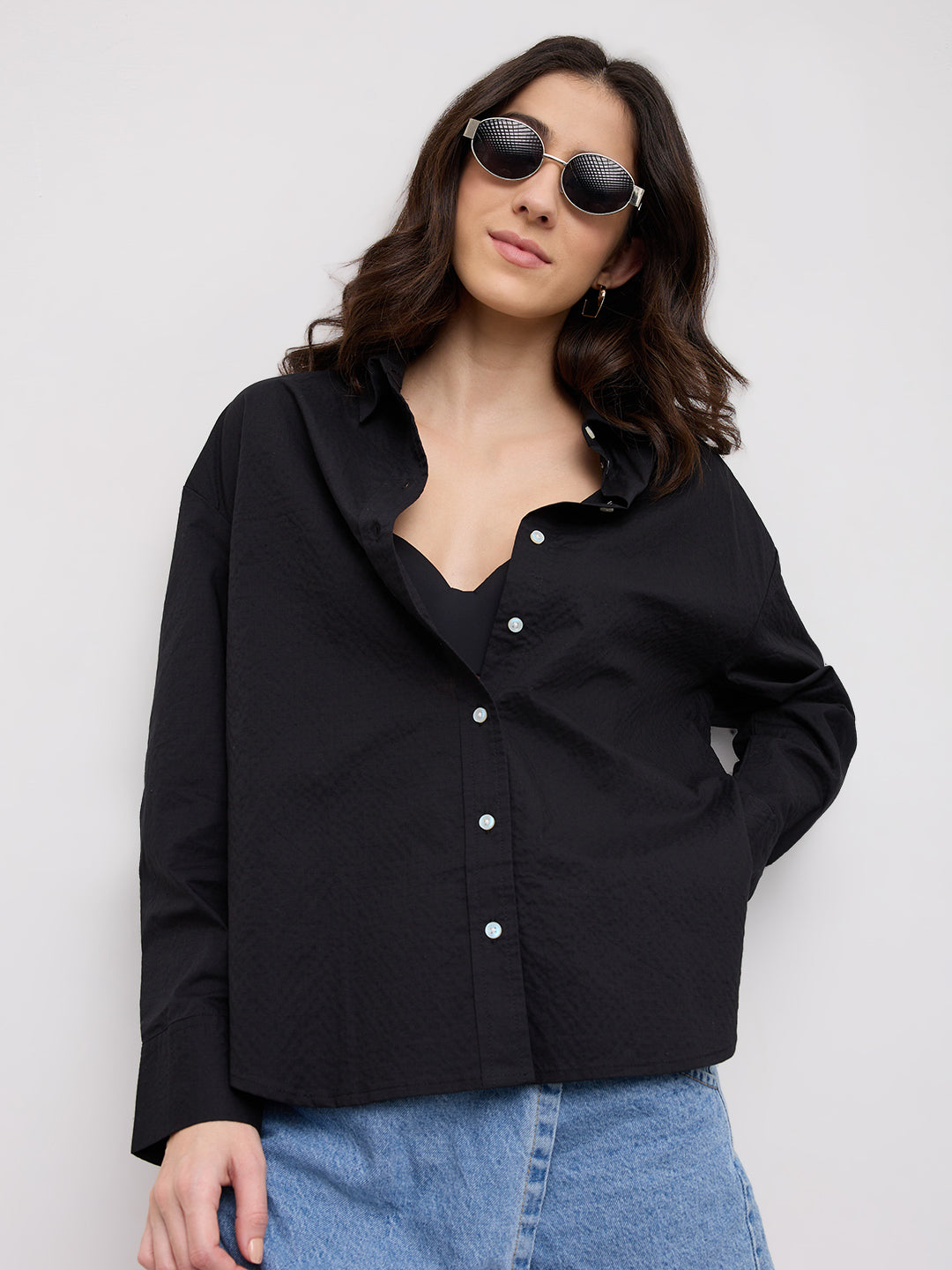 Jet Black Textured Oversized Shirt