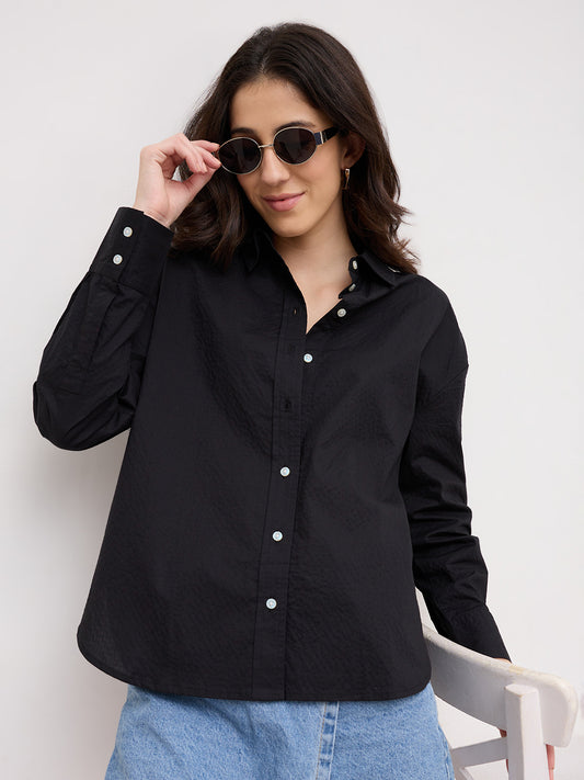 Jet Black Textured Oversized Shirt