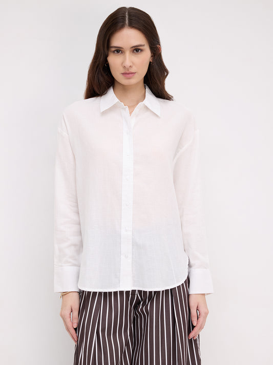 Snow White Micro Checked Sheer Textured Oversized Shirt