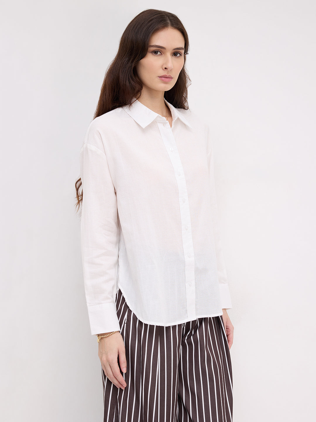 Snow White Micro Checked Sheer Textured Oversized Shirt