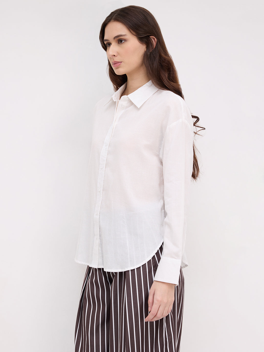 Snow White Micro Checked Sheer Textured Oversized Shirt