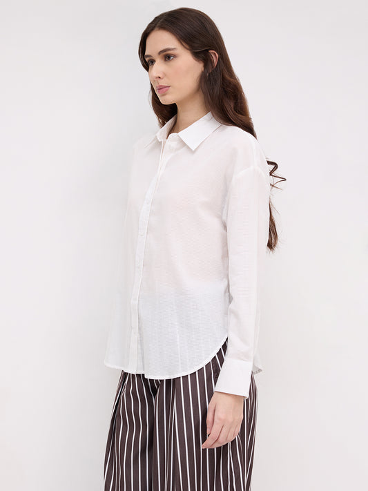 Snow White Micro Checked Sheer Textured Oversized Shirt