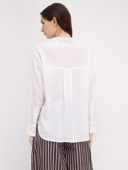 Snow White Micro Checked Sheer Textured Oversized Shirt