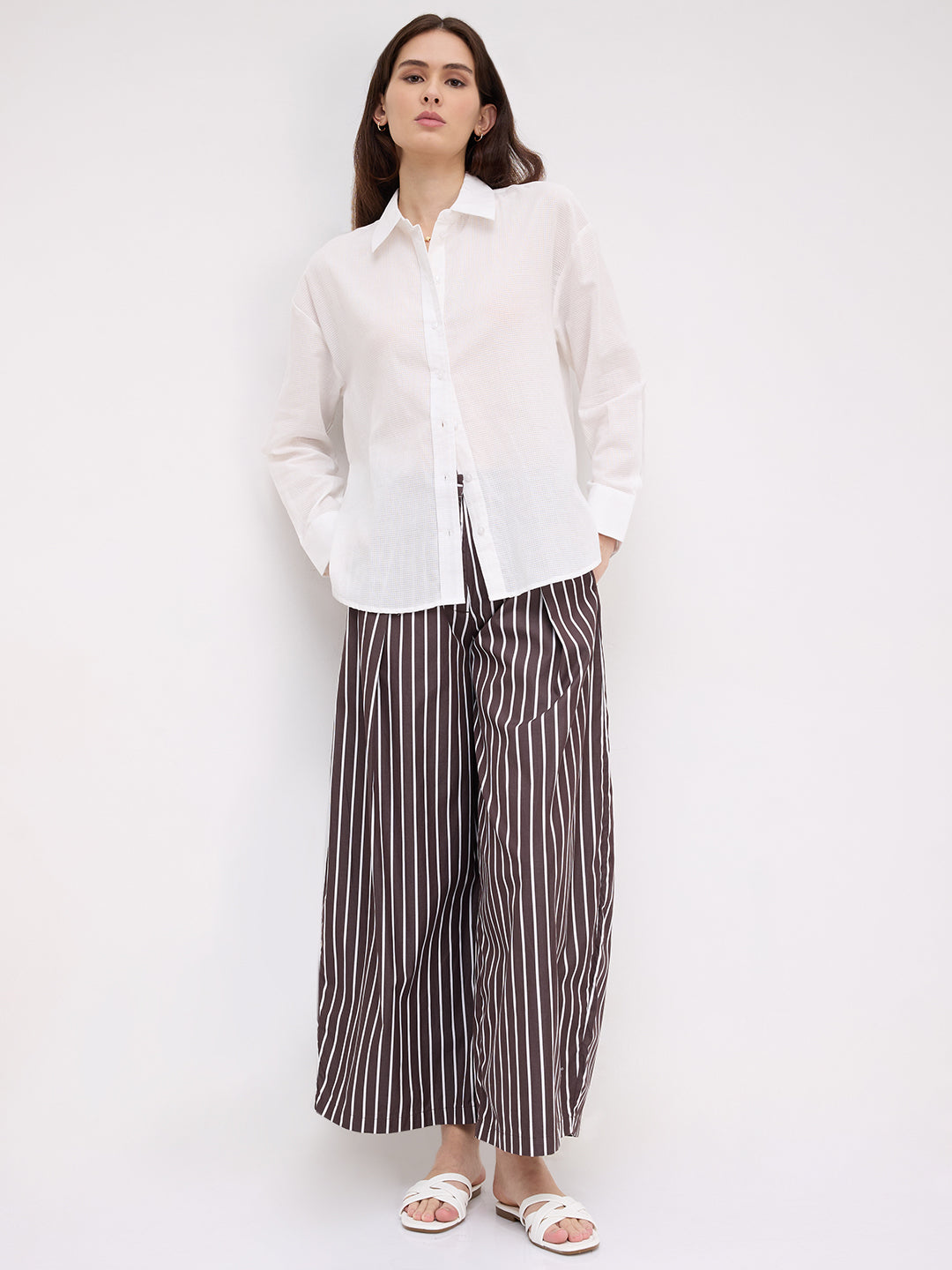 Snow White Micro Checked Sheer Textured Oversized Shirt