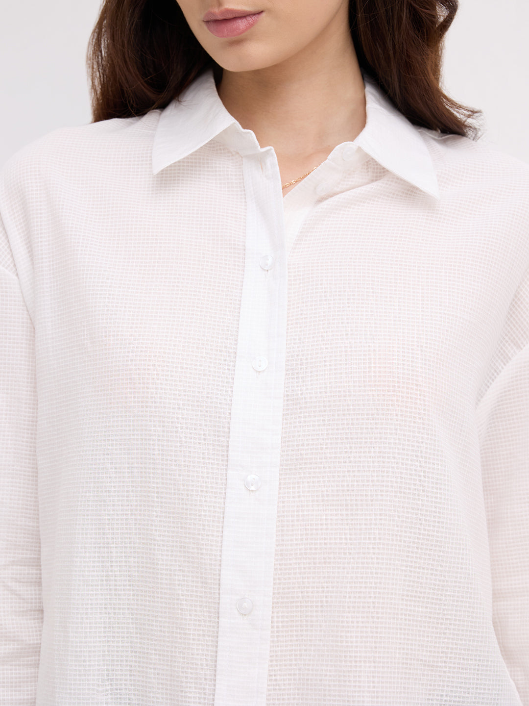 Snow White Micro Checked Sheer Textured Oversized Shirt