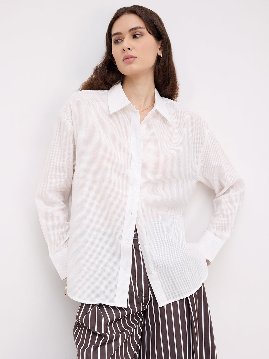 Snow White Micro Checked Sheer Textured Oversized Shirt