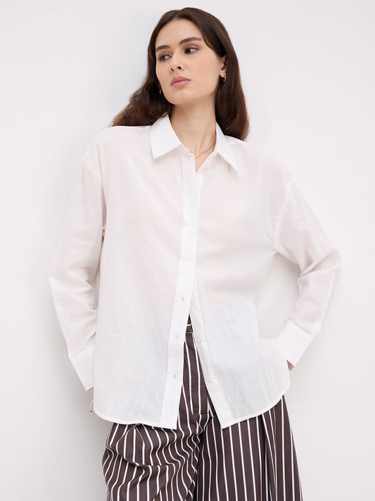 Snow White Micro Checked Sheer Textured Oversized Shirt