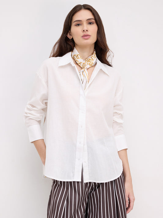Snow White Micro Checked Sheer Textured Oversized Shirt