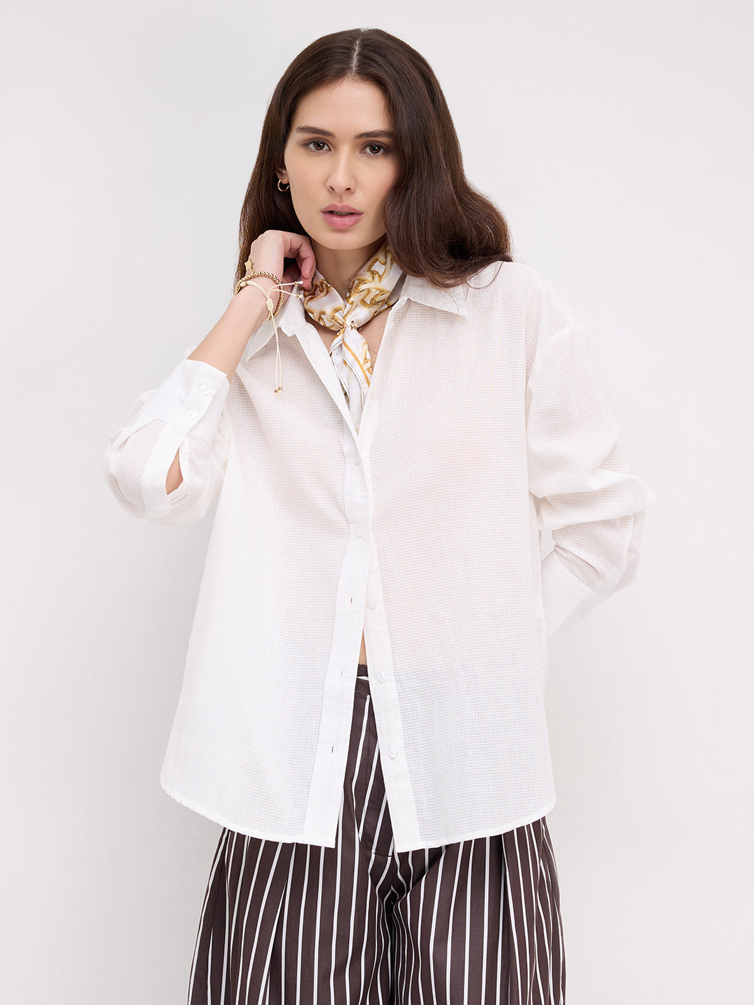 Snow White Micro Checked Sheer Textured Oversized Shirt