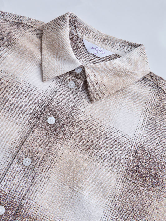 Beige & Brown Fine Weave Broad Checked Oversized Flannel Shirt