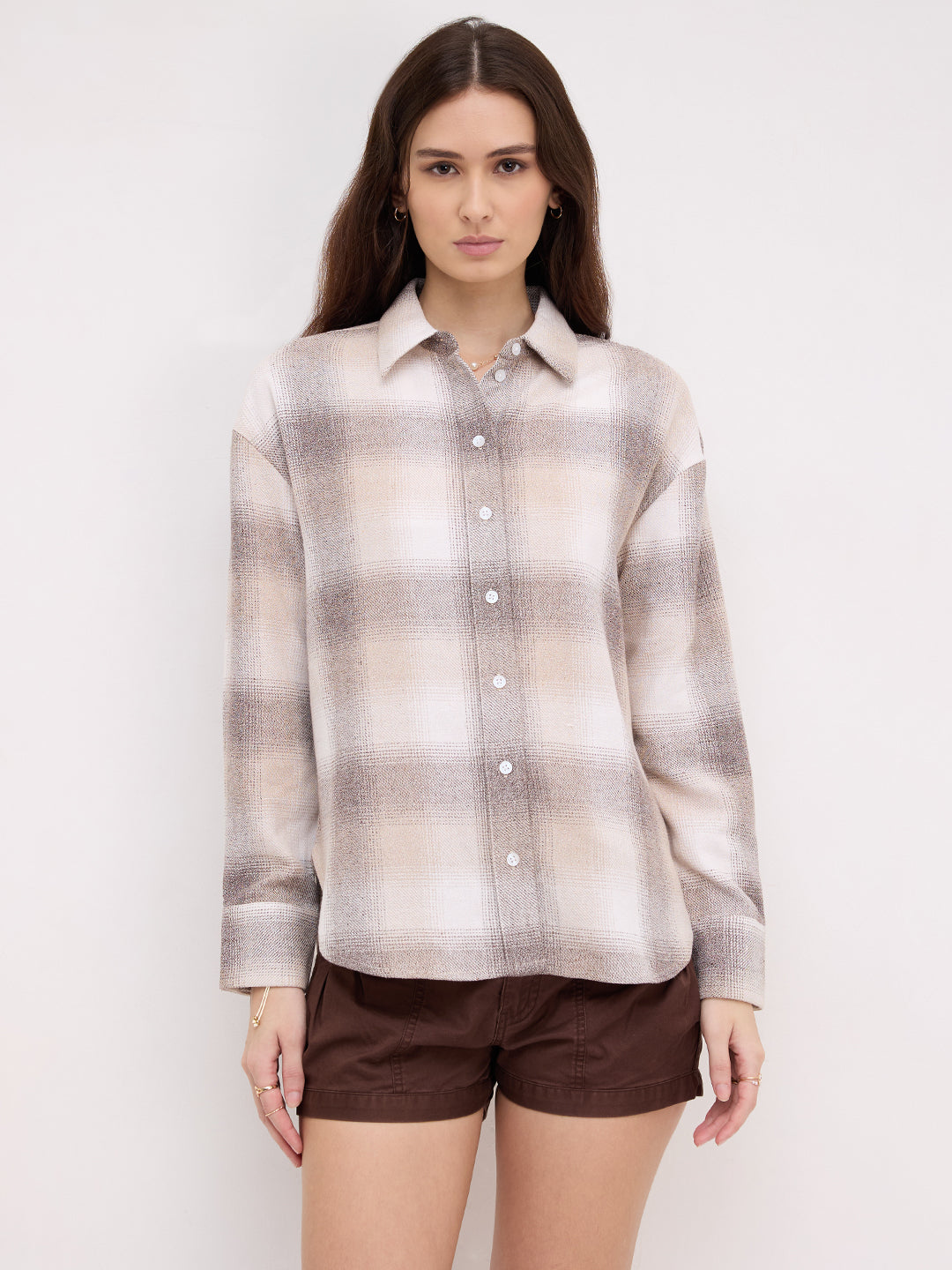 Beige & Brown Fine Weave Broad Checked Oversized Flannel Shirt