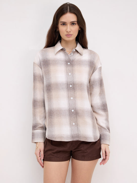 Beige & Brown Fine Weave Broad Checked Oversized Flannel Shirt