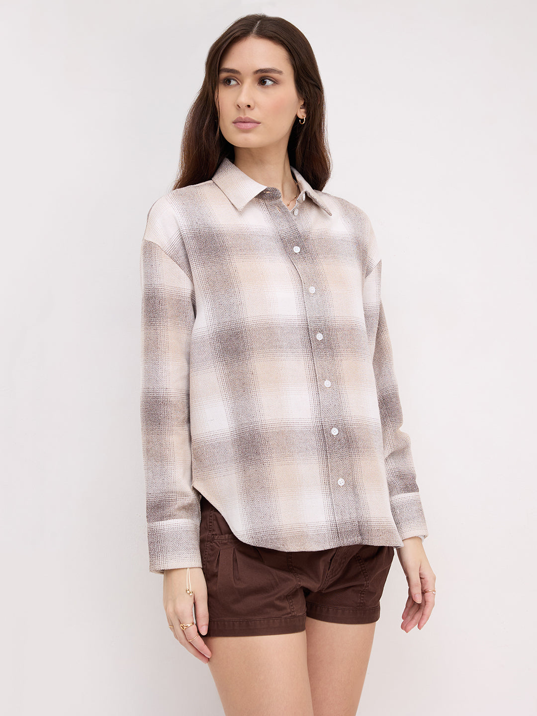 Beige & Brown Fine Weave Broad Checked Oversized Flannel Shirt
