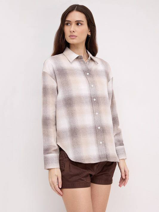 Beige & Brown Fine Weave Broad Checked Oversized Flannel Shirt