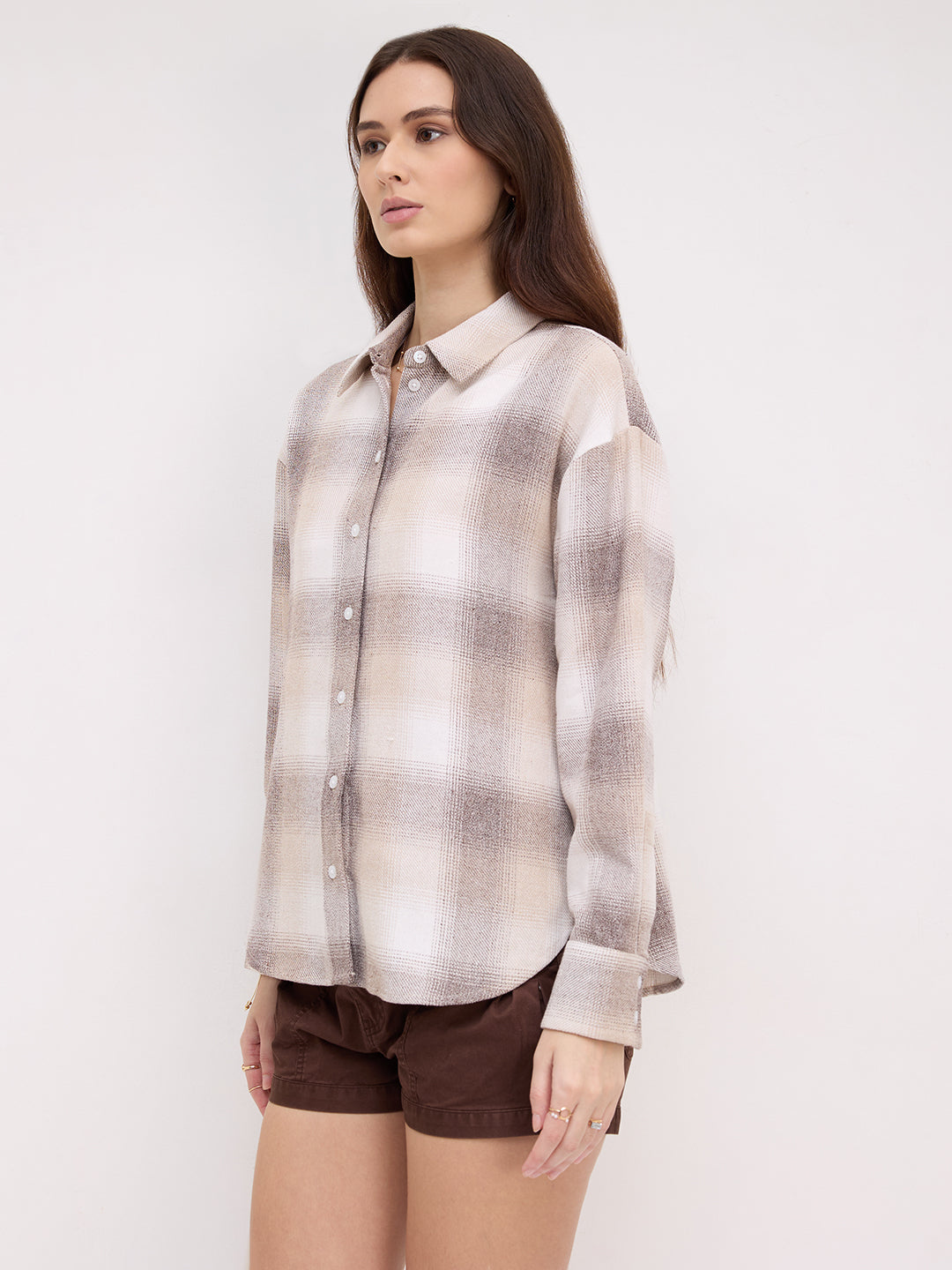 Beige & Brown Fine Weave Broad Checked Oversized Flannel Shirt