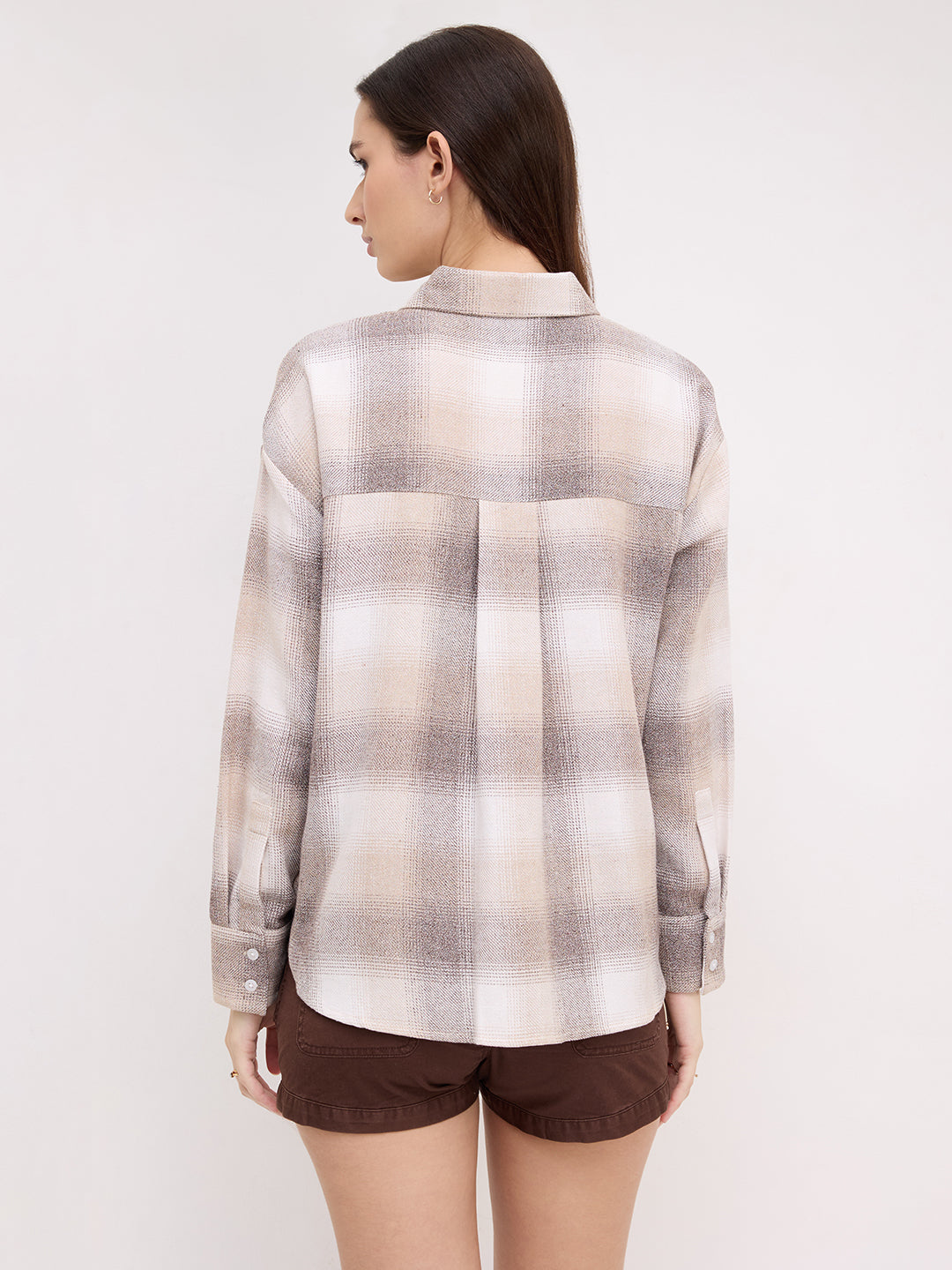 Beige & Brown Fine Weave Broad Checked Oversized Flannel Shirt